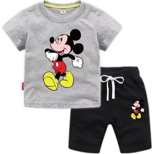 Disney Mickey Mouse Boys Clothes Set Cotton Girls T-shirt Tops 2 Childrens Wear Childrens Sunmmer Sports Suit Set