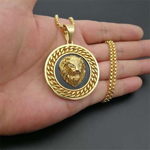 Hiphop Rock Lion Head Pendant With Chain Male Gold Color Stainless Steel Round Necklaces Pendant For Men Fashion Jewelry