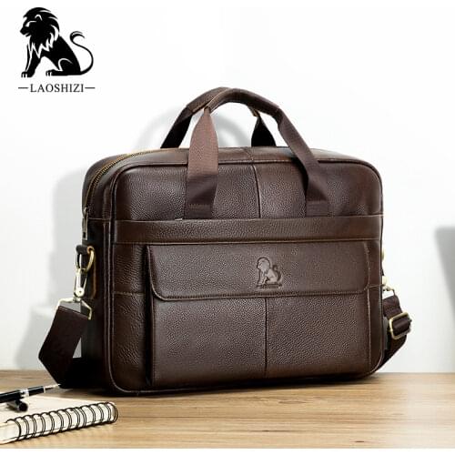 LAOSHIZI Brand Men Genuine Leather Handbags briefcase messenger bag 14'' laptop bag mens office business tote for document