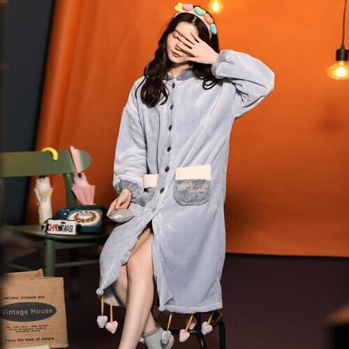 Night gown winter new pajamas female flannel warm Korean yukata simple sleepwear fashion coral fleece home service pijamas robe