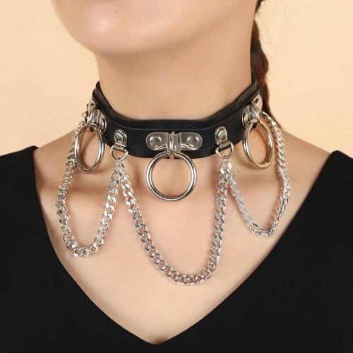 Gothic Punk Rock Black Choker Necklace Sexy Metal Round Circle Collar Leather Chain Body Accessories Fashion Club Party Jewelry