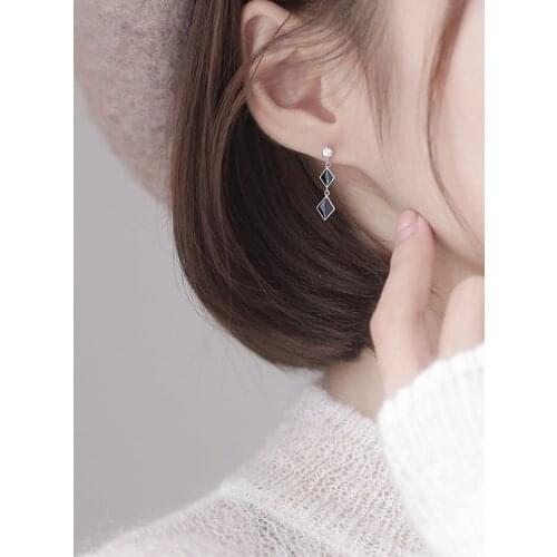 Drop Earrings Black Rhombus Zircon For Women Pendant Geometric Square Simple Korean Fashion Girlfriend Present Jewelry BOYULIGE