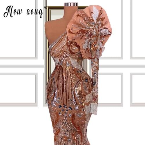Sparkly Crystals One Shoulder Evening Dresses 2021 Sexy Mermaid Rose Gold Sequin African Women Dubai Formal Gowns