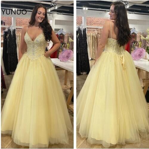 YUNUO Yellow Tulle Floor Length Prom Dresses Long Formal Gowns Evening Dress Vestido de festa Longo Beading Dress Lace Up