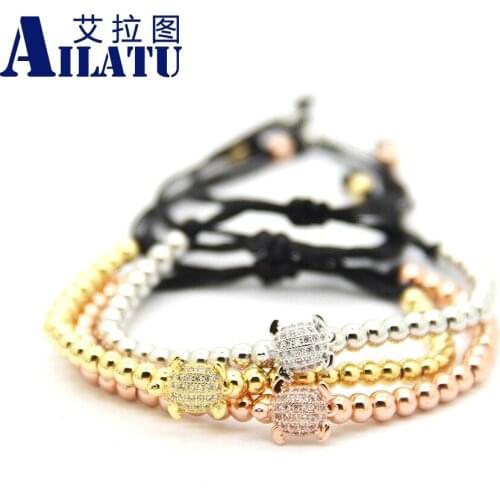 Ailatu Jewelry Clear CZ Tortoise Charm Braiding Macrame Animal Bracelet with 4mm Stainless Steel Beads