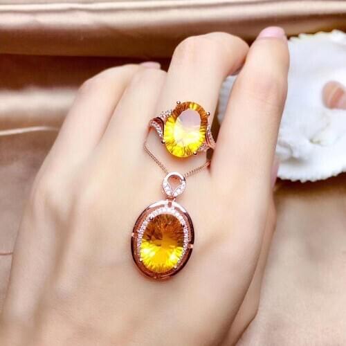 Citrine Jewelry set Natural And Real Citrine Set 925 sterling silver Fine jewelry 1pc ring,1pc Pendant