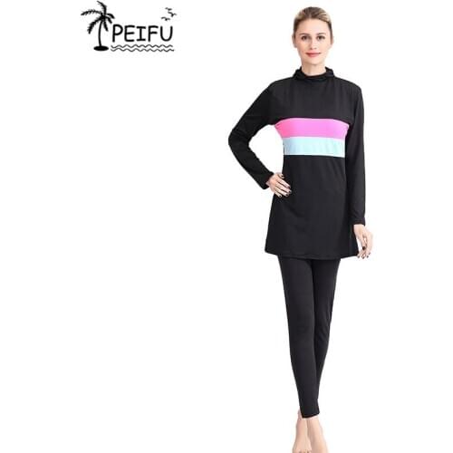 PEIFU Women Stripe Printed Muslim Swimwear Hijab Muslimah Islamic Plus Size Swimsuit Swim Surf Wear Sport Burkinis 5XL