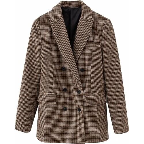 2021 blazer Spring Woolen Lattice Suit Jacket Ladies Office Blazer Double Breasted Loose Coat European Women Clothing