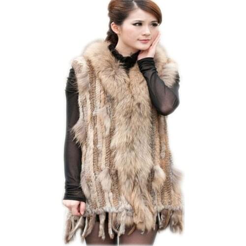 Winter women real rabbit fur vest with raccoon collar and Hood 75cm Long style Genuine Fur Coat Female Casual fur Clothing