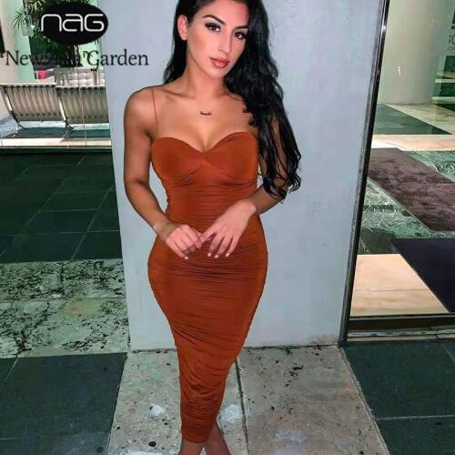 NewAsia Double Layers Sexy Bodycon Dress Women Long Elegant Dress Summer Ruched Brown Dresses Woman Party Night Club Dress