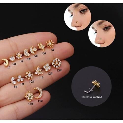 2021 New 1Piece 20G Stainless Steel L Shape Nose Nail Moon Heart Flower CZ Nose Ring Stud for Women Nose Body Piercing Jewellery