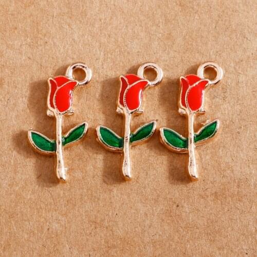 10pcs/lot 9*19mm Enamel Rose Flower Charms and Pendants Fit Necklaces Bracelets DIY Jewelry Findings