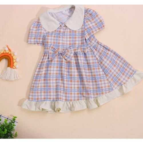 2021 Lovely Baby Sweet Short Dress Doll Collar with Bow Plaid Pattern Printing Casual Dress Summer Clothing 1-6 Years