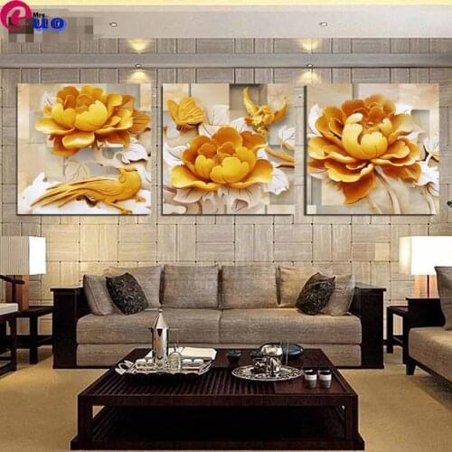 Triptych Home Decorative 5d Diamond Painting Kits 3D Golden Flower Diamond Embroidery Pictures for Living Room Home Decor 3 pcs