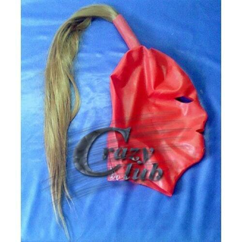 Crazy club_Hot Sale Sexy Customized Hood Mask Fetish Latex hood mask with tress red Handmade Natural Zentai hood Free Shipping