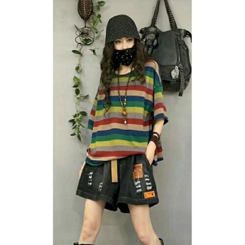 Womens T Shirt Color Striped Short-sleeved T Shirt 2021 Summer New Woman Tshirts Oversized Shirts Kawaii Clothes Harajuku Tops