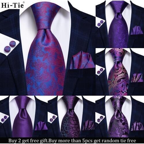 Hi-Tie Purple Solid Paisley Novelty Design Silk Wedding Tie for Men Handky cufflinks Gift Men Tie Set Party Business Fashion