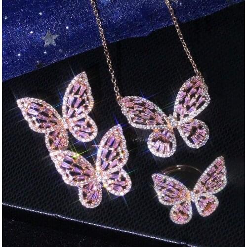 New Butterfly 3piece Set Fairy Hollow Butterfly Wing Necklace Earrings Ring Set Zircon Clavicle Chain Jewelry Set for Women