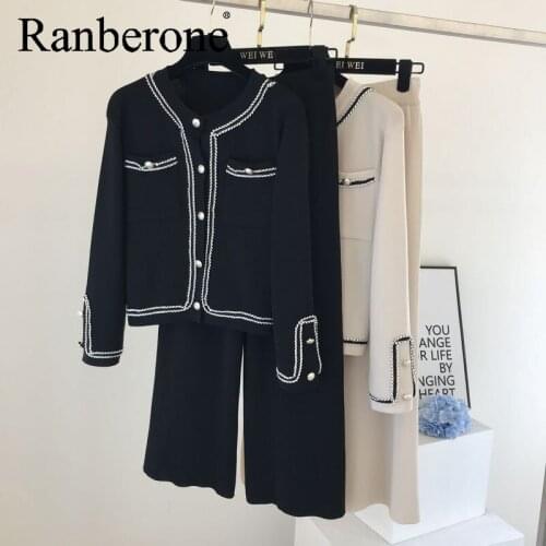 Ranberone Warm Womens Sets Ladies Knitted Cardigan Jacket Wide Leg Pants Two Piece Suit Loose Sweaters Jogging Tracksuit Outfit