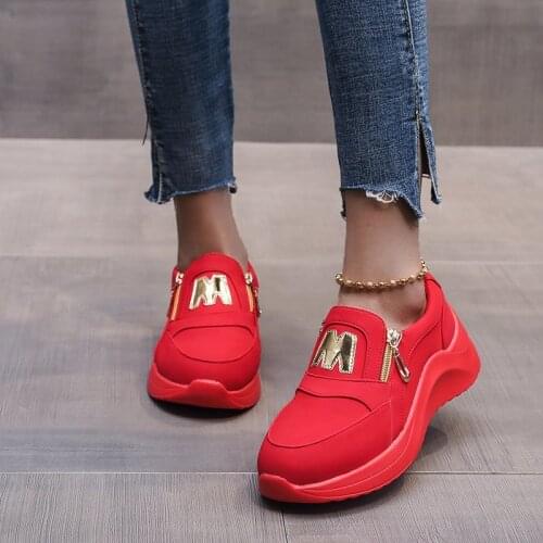 Womens Vulcanized Shoes Wedges Sneakers Platform Women Shoes Thick Bottom Fashion Zipper Non-slip Casual Shoes Black/red Shoes