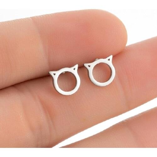 Cute Lovely Stainless Steel Cat Head Earrings For Women Girl Small Circle Animal Pendientes Tiny Kitten Stud Piercing Jewelry