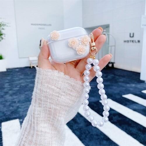 3D Roses Flower Pearl Bracelet Keychain Earphone Soft Case For Apple Airpods 1 2 Pro 3 Transparent Wireless Headset Box Cover