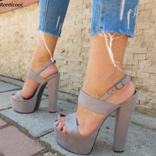 Ronticool New Arrival Women Platform Sandals Buckle Block Heels Open Toe Elegant Grey Casual Shoes US Size 5-20