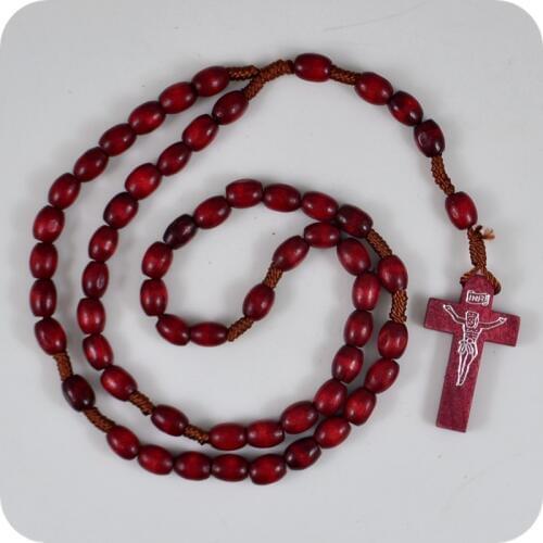 Oval Wood Rosary Beads INRI JESUS Cross Pendant Necklace Catholic Fashion Religious jewelry