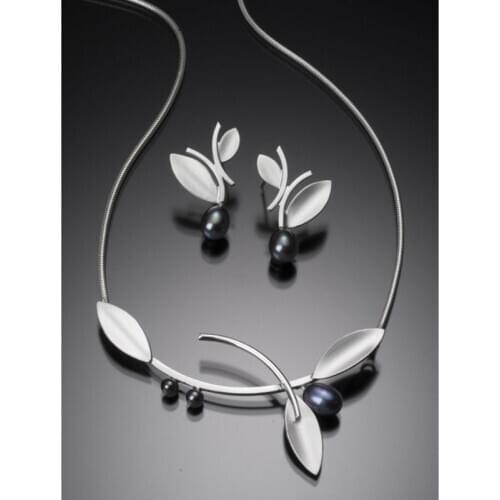 Lovely Plant Leaves Pearl Earrings Necklace Charming Jewelry Sets Matte Gray-Silver Color Pendant Bridal Jewelry Set