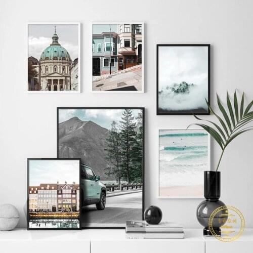 Natural Scenery Poster Church Mountain Car Sea Beach Quotes Prints Wall Art Canvas Painting Pictures for Living Room Home Decor