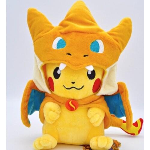 Pokemon Pikachu Cross-dressing with Charizard Coat Plush Toys 23CM Blue and Yellow Dragon Hat Cartoon Dolls kids gifts