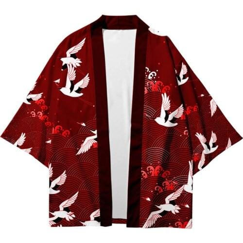 Plus Size 6XL 5XL 4XL 3XL Red Crane Print Loose Japanese Cardigan Women Men Harajuku Kimono Cosplay Tops Blouse Yukata Clothing