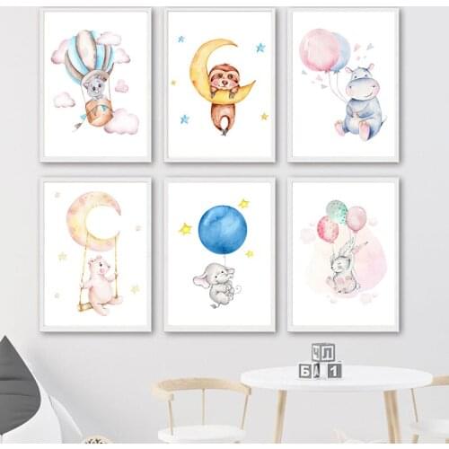Elephant Bear Rabbit Canvas Poster Nursery Wall Art Picture Pink Balloon Print Animal Painting Nordic Kids Baby Bedroom Decor
