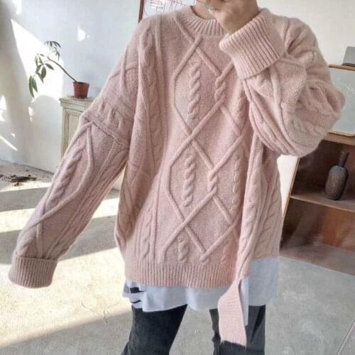 Twist sweater ladies loose outer wear autumn and winter thickening 2021 new fake two-piece mid-length hedging knitted top women