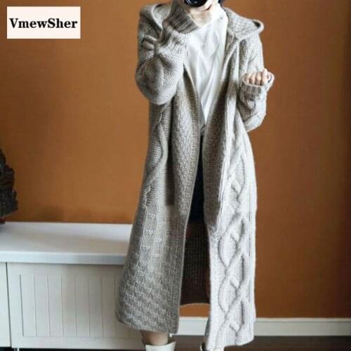 VmewSher New 2020 Autumn Winter Mid-Length Cardigan Sweater Hooded Women Sweater Jacket Solid Color Large Size Cardigan Sweater