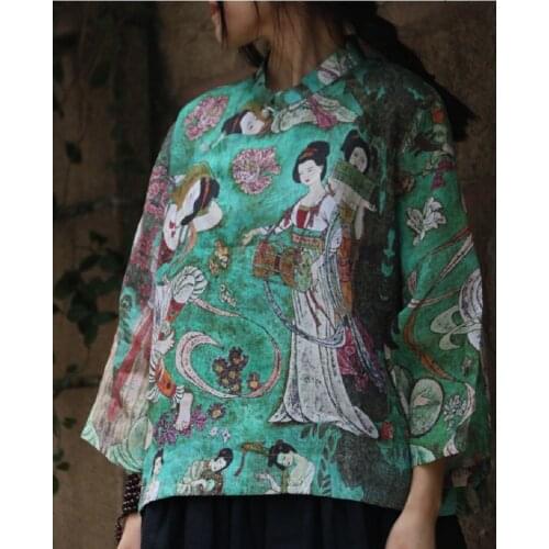 Digital Printing Ramie Flying Fairy Figure Handmade Buckle Chinese Shirt Top Blouses And Shirts Women-Clothing