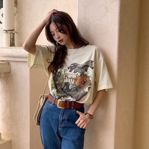 Deeptown Cotton Vintage Animal Print T-shirts Women Zebra Graphic Tees Summer 2021 Fashion Crewneck 90s T Shirt Short SleeveTee