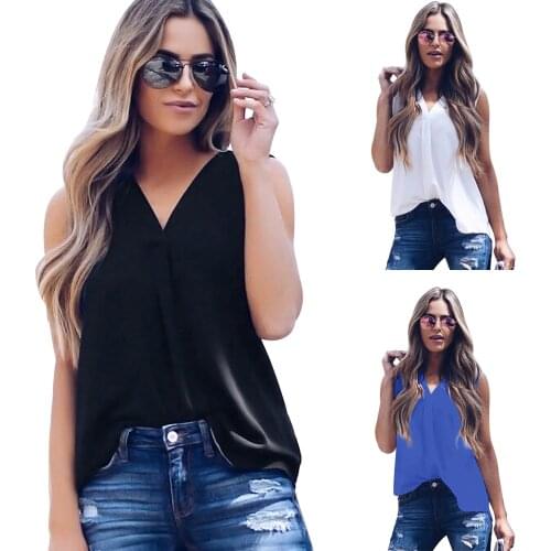 WomenS Casual V-Neck Chiffon Sleeveless Vest Rounded Hem Classic Solid Color Sleeveless Shirt Top Summer Loose Cool Tunic Vest