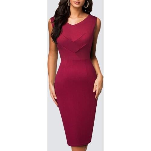 Women Business Elegant Sleeveless V Neck Lady Slim Office Pencil Knee Length Dress HB630