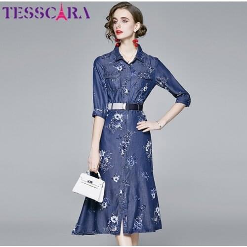 TESSCARA Women Spring & Autumn Elegant Denim Dress Festa High Quality Long Party Robe Femme Vintage Designer Floral Vestidos