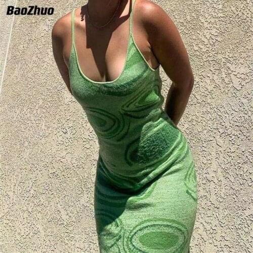 BaoZhuo 2021 Women Summer Hollow Out Sexy Sleeveless Spaghetti Strap Beach Midi Dresses Party Women Print Knit Bodycon Dress