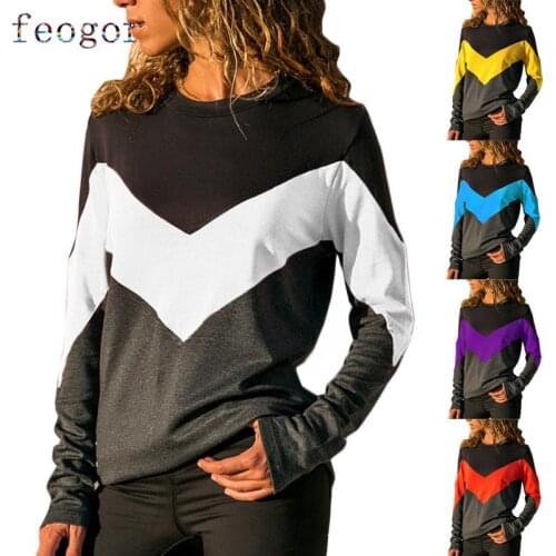 FEOGOR 2021 autumn and winter new womens coat jacket women casual color contrast stitching round neck long-sleeved T-shirt
