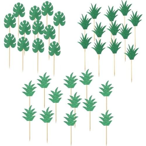 12pcs Green Palm Leaves Cake Toppers Tropical Party Decoration Hawaiian Luau Party Cupcake Topper Wedding Birthday Cake Decor