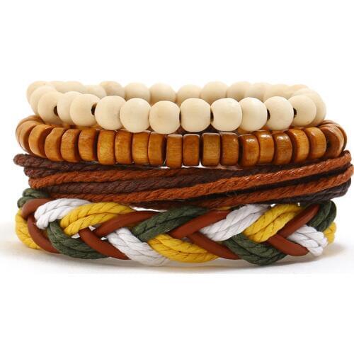 4PCS/Set Multilayer Braid Leather Bracelet Bangle Wood Beaded Cuff Hand Jewelry Gift Dropshipping