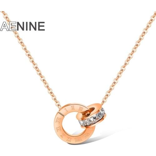 AENINE Mosaic AAA Cubic Zirconia Double Circle Pendant Necklace Stainless Steel Choker Wedding Necklaces Jewelry Collier AN17032