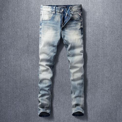 Italian Style Fashion Men Jeans Retro Light Gray Blue Slim Fit Ripped Jeans Men Vintage Designer Classical Simple Denim Pants