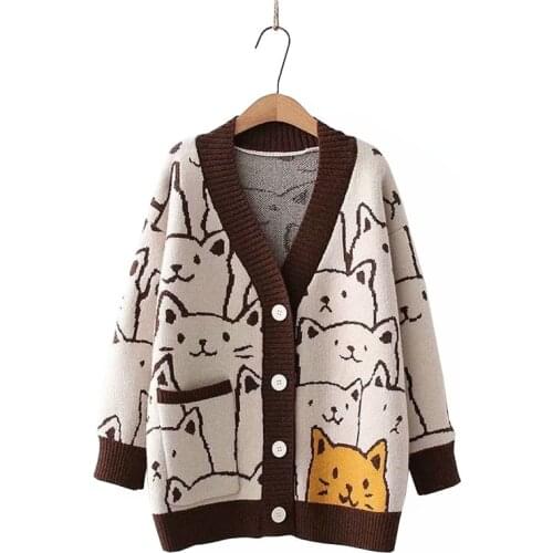 Harajuku Kawaii Cartoon V Neck Cardigan Women Cute Cat Vintage Knitted Sweater Female Retro Fashion Long Sleeve Knitwear Coats