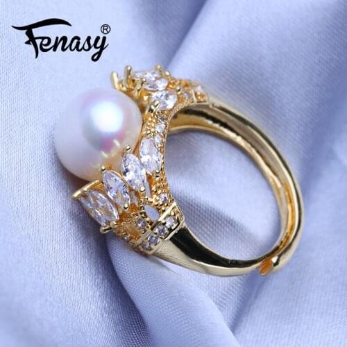 FENASY Natural Freshwater Pearl Rings For Women Luxury Punk Adjustable Gold Color Ring Female Party Wedding Jewelry