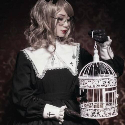 Japanese style lolita good quality lace dress female cross pattern embroidery Lolita dress with belt wq1812 wholesale