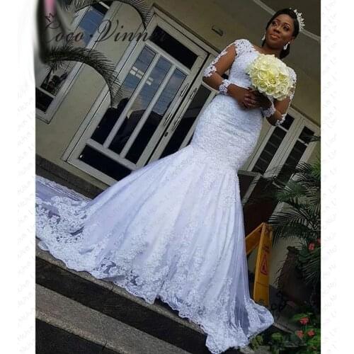 Beaded Lace Appliques Wedding Dress Full Sleeves Lace up Back Pure White Mermaid Wedding dresses America Style W0561